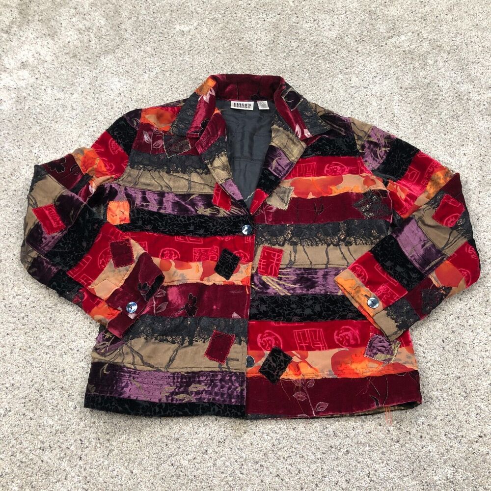 VTG Chicos Jacket Womens Medium 1 Red Silk Blend Geometric Quilted Blazer 90s